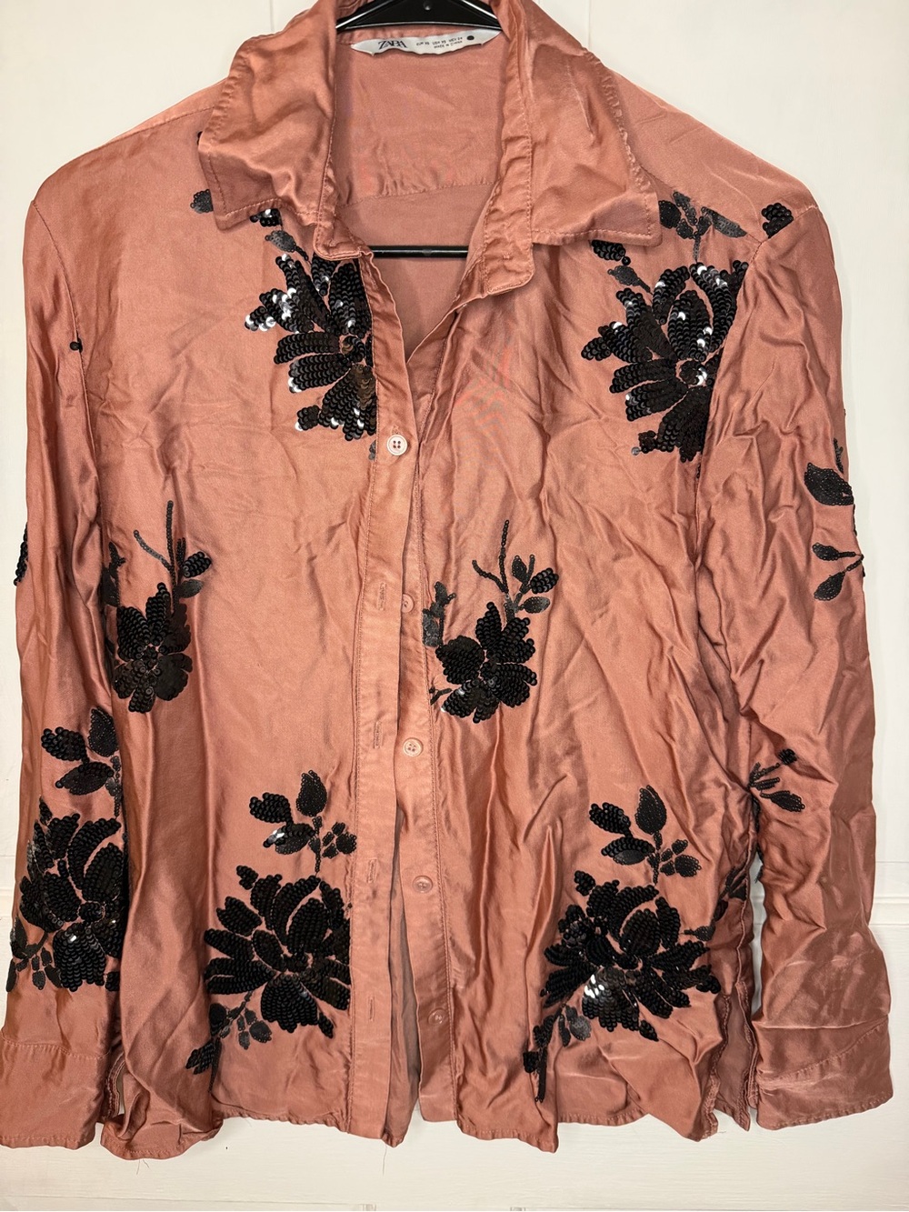 Zara Women's XS Pink Satin Collared Button-Up Shirt Black Sequin Floral LS